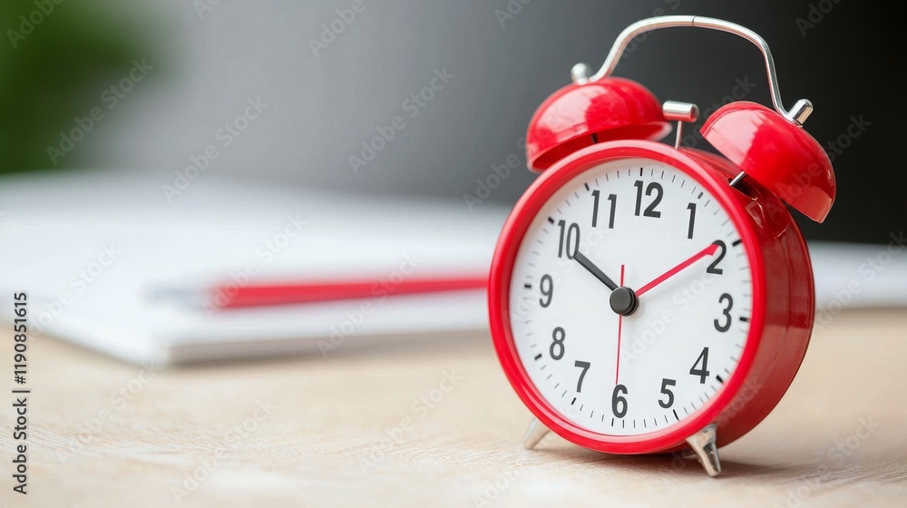Poster a red alarm clock displaying the time on a wooden surface with stationery in the background.