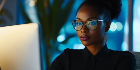 Smiling young professionals with eyeglasses look at a laptop in the office