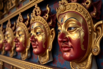 Fototapeta premium Ornate Gold and Red Tibetan Buddhist Deity Masks Close Up Detail