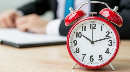 A red alarm clock sits on a desk with a blurred figure and notebook in the background.