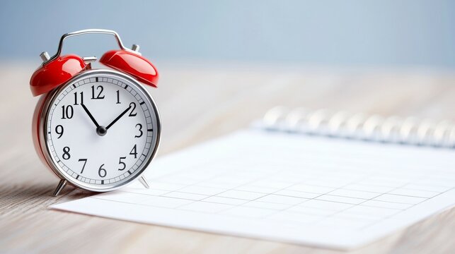 A red alarm clock next to a blank calendar on a wooden surface.