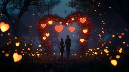 Fototapeta premium A romantic garden arch made of glowing heart-shaped flowers, with a couple standing beneath it holding hands, surrounded by 2D animated fireflies