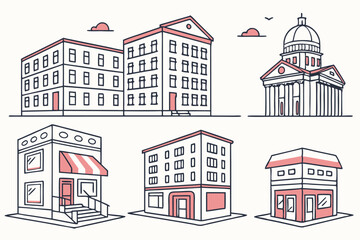 Naklejka premium Building icons, simple architectural illustrations, minimalist design, flat color palette, various building types, houses, stores, apartments, offices, schools, banks, factories, urban structures, div