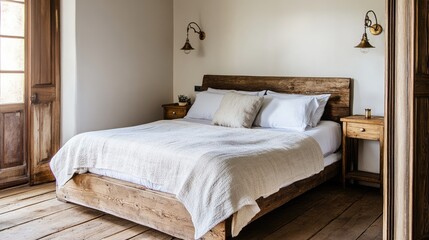 A luxury rustic bedroom featuring a reclaimed wood bed frame, soft linens, and antique brass lighting fixtures, with wooden floors beneath