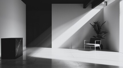 Minimalist and modern interior design with geometric lighting patterns simple furniture and a calming serene atmosphere  Bright clean and industrial inspired space for living working