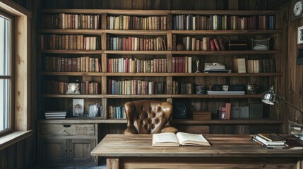 A luxury rustic study featuring wooden shelves filled with leather-bound books, a velvet reading chair, and a large reclaimed wood desk