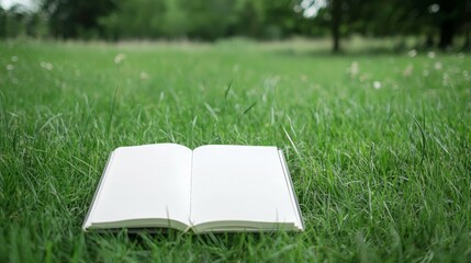 An open blank book rests on green grass in a serene outdoor setting.