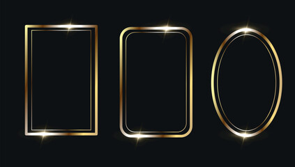 Set of golden frames on a black background. Empty space for an image, painting, postcard or photograph. 3D realistic modern template vector illustration.