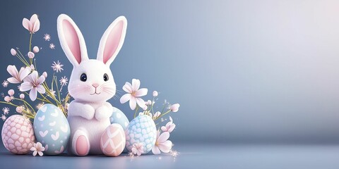 Obraz premium Easter's Day Eggs Easter Lily Neon Cute bunny with pastel eggs and flowers on a soft background