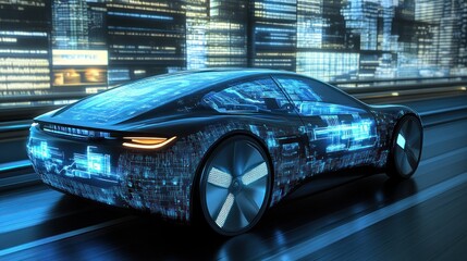 Obraz premium Futuristic Electric Car on a High-Tech City Road at Night