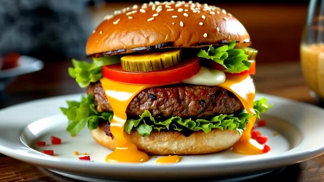 Close-up of a juicy cheeseburger with melted cheese, lettuce, tomato, pickles, and sesame seed bun on a white plate, with a warm candlelit background