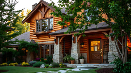 Obraz premium Spectacular Log Cabin Home with Stunning Exterior Design and Landscaping. A Luxurious Rustic Retreat in a Peaceful Setting