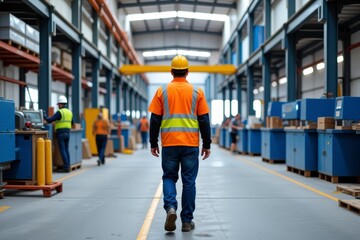 Obraz premium Factory Worker in Safety Gear Walking Through Industrial Facility