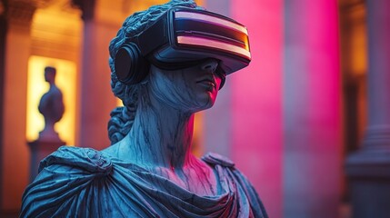 Classical Marble Statue with Cyberpunk VR Aesthetics. Generative AI