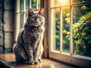 Vintage Gray Cat Gazing Out Window Sill, Home Sweet Home