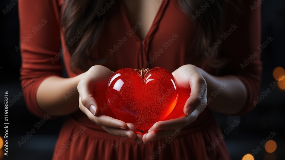 Poster woman holding heart-shaped object with red color in dimly lit setting emphasizing love and affection