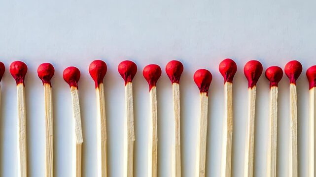 Group of red-tipped matches lined up in neat rows showing the distinct features of each matchstick