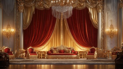 Fototapeta premium A regal velvet curtain with gold fringe, hanging elegantly in a grand royal room with gilded furnishings and soft lighting