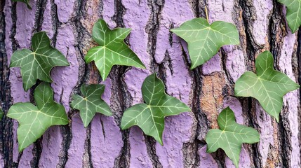 Vibrant Green Ivy Leaves on Purple Tree Bark Texture