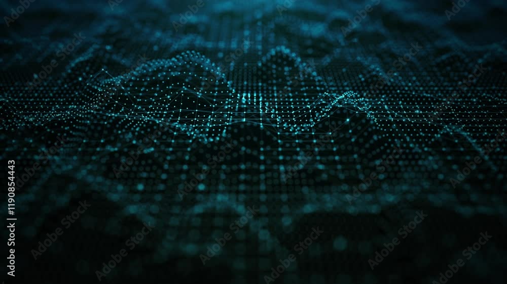 Aufkleber Futuristic digital grid wave with glowing points and lines forming interconnected networks, symbolizing data, connectivity, and advanced technology on a dark background. Motion 4K