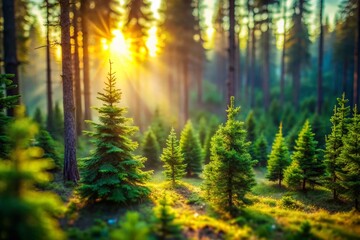 Magical Forest: Sunlit Evergreen Trees, Tilt-Shift Dolly Zoom