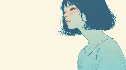 Profile of a young woman with short, dark, bobbed hair, looking to the side with a thoughtful expression, digital illustration with a muted, cool color palette. 