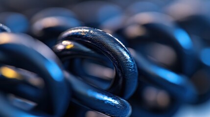 Abstract Close-Up of Interlocking Metal Chain Links, Deep Blue Hues,  Industrial Strength and Connection