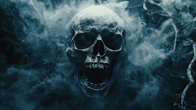 A ghostly, skeletal face with hollow eyes and an open mouth emits a haunting aura,