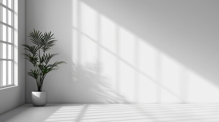A bright, minimalistic room with a potted plant, sunlight casting shadows through large windows onto the white walls and floor.