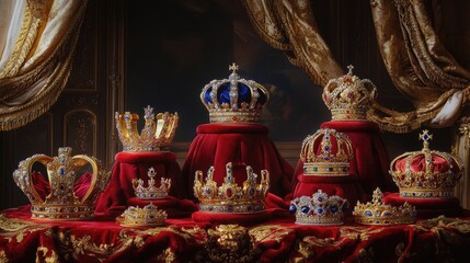 Obraz premium A set of royal crowns displayed on a plush velvet surface, surrounded by rich golden detailing and opulent royal decor