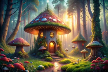 Fototapeta premium Magical Watercolor Mushroom House Long Exposure Fairy Tale Cottage Stock Photo