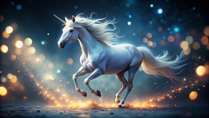 Magical White Unicorn in Motion, Dark Background, Bokeh Effect - Stock Photo