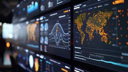 Futuristic digital data analytics dashboard with global world map visualization showcasing trends insights and strategic information for business finance and investment decision making