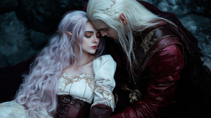 A romantic scene with an elven couple in a magical world filled with a mysterious atmosphere. Perfect for a romance novel cover or fantasy illustration.
