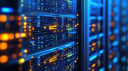 Close-up of multiple digital screens and data displays within a data center.