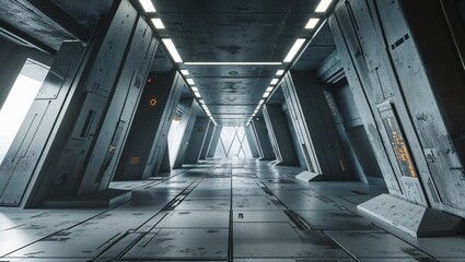A modern, glass-walled corridor in an airport or metro station, offering a long, perspective view of urban transport