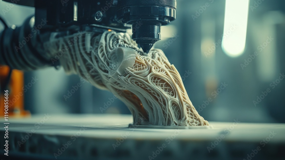 Poster a close-up shot of a 3d printer nozzle meticulously building a detailed prototype, with intricate pa