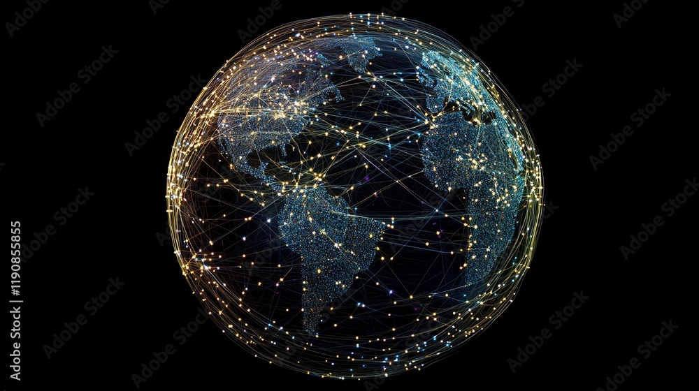 Poster abstract global network illustration: vector world globe with connected lines representing internet 