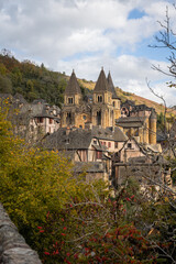 Picturesque View of Conques Village with the Abbey Church of Sainte-Foy in Aveyron, France