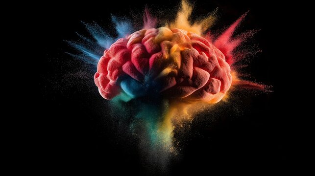 Exploding Mind: An artistic representation of the human brain erupting with vibrant colors, symbolizing the power of thought, creativity, and the vast expanse of the mind.