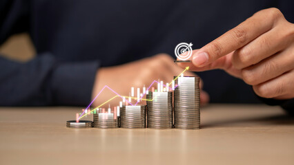 Businessman increasing graph with money coins stacking , Business investment profit and deposit dividend saving growth in 2025 concept