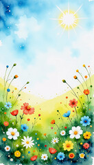 Obraz premium Watercolor wildflowers under a bright sun with blue sky and green meadow 