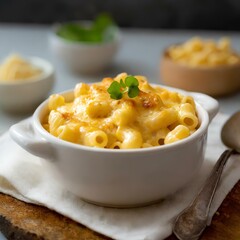 Creamy bowl of mac and cheese with golden crust