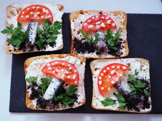 Festive Mushroom-Themed Sandwiches with Sardines, Tomato, Parsley, Olive Salt, and Cream Cheese