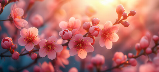 Beautiful cherry blossoms blooming in soft morning light
