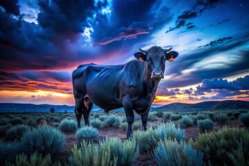 Fototapeta premium Majestic Angus Bull in Twilight Sagebrush - Nighttime Ranch Scene