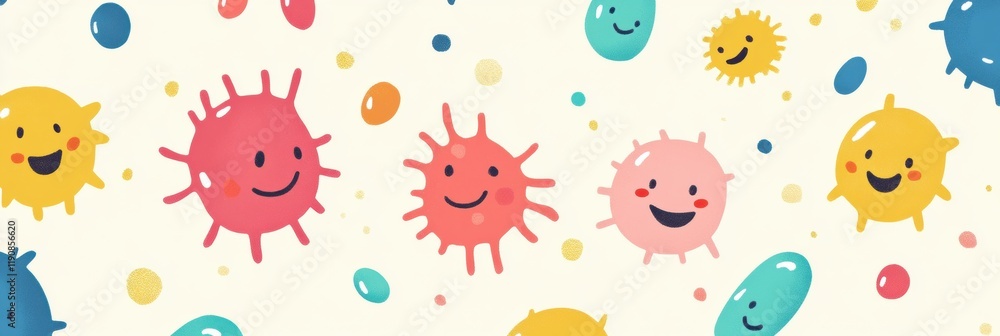 Poster cartoon microbes display bright colors and cheerful smiles illustrating a friendly microscopic world