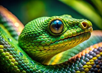 Fototapeta premium Vintage Photo: Cheerful Green Snake Close-Up, Detailed Reptile Portrait, Scaly Skin Texture