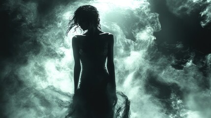 Woman silhouette in ethereal green smoke.
