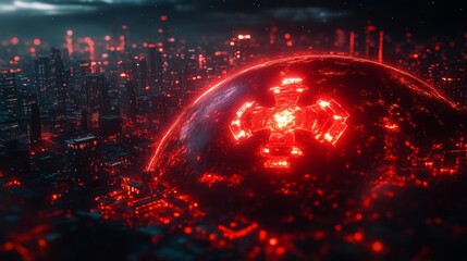 Futuristic Earth with glowing red biohazard zones. Generative AI